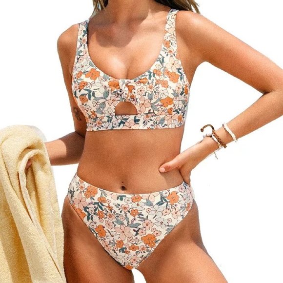 Cupshe Floral Bikini Set Swimsuit High Waisted Bottom - Picture 1 of 6